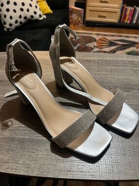 Silver Embellished Block Heel Sandals - Women